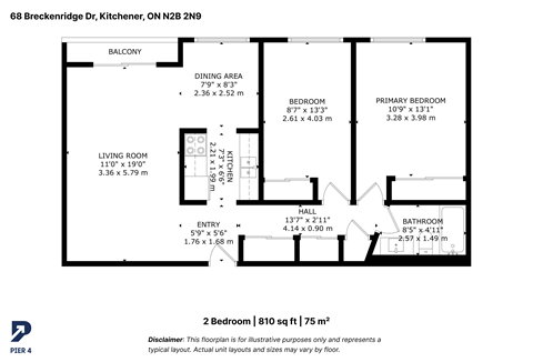 Floor plan for 2 beds, 1 bath, 810 sqft
